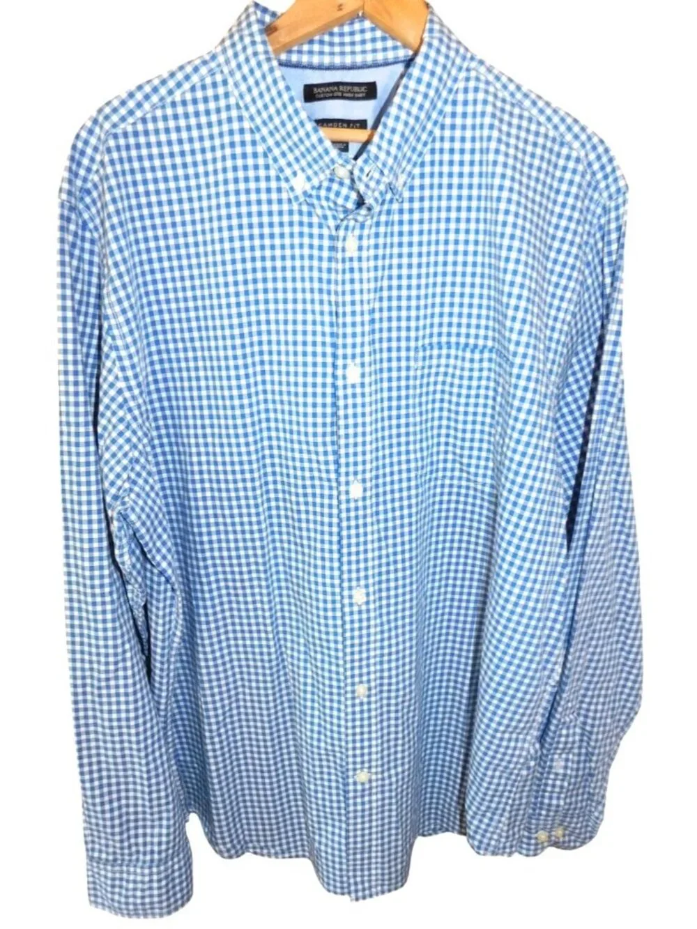 Banana Republic XL Camden Fit Blue Checked Button Shirt Custom 078 Wash Cotton
